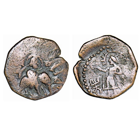 Kushans, Huvishka, Copper ½ Unit, 7.0g, 23.57x23.03mm, Obv: king riding an elephant to rig