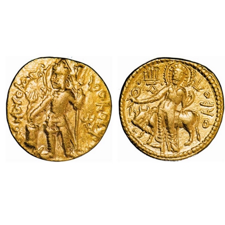 Kushans, Vasudeva I, Gold Dinar, 7.95g, 20.51x20.70, Obv: King nimbate standing left, hold