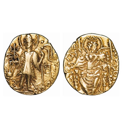 Kushans, Vasudeva II, Gold Dinar, 7.80g, 21.14x19.33mm, (300-350 AD, Obv: Crowned, diademe