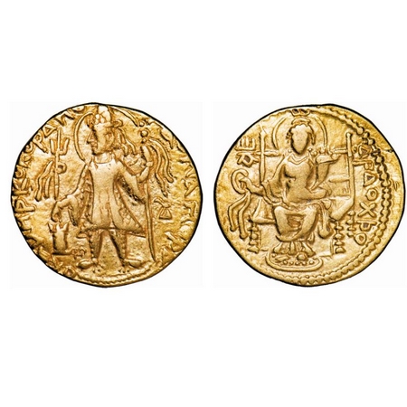 Kushans, Vasishka, Gold Dinar, 7.81g, 21.09x21.25m, (250-270AD), Obv: Crowned, diademed ki