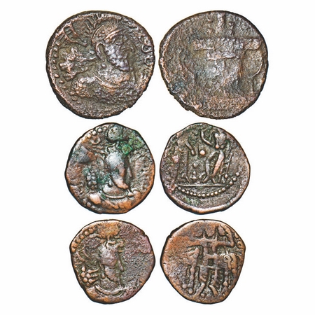 Kushano-Sasnian, Ardashir, Peroz and Hormizd I, Copper Drachm (3 coins), Obv: Bust of king