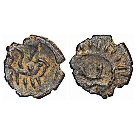 Pallavas, Potin, 1.28g, 13.19x13.25mm, Obv: Crude forms of lion walking to right with curv