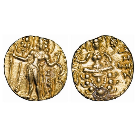 Guptas, Chandragupta II, Gold Dinar, 8.21g, 18.57x18.07mm, AD375-414 c, Obv: King full mus