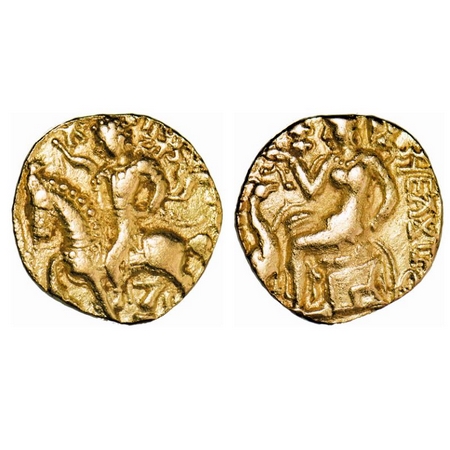 Guptas, Kumargupta I, Gold Dinar, 7.05g, 18.47x18.46mm, Horseman Type, Obv: King on horseb