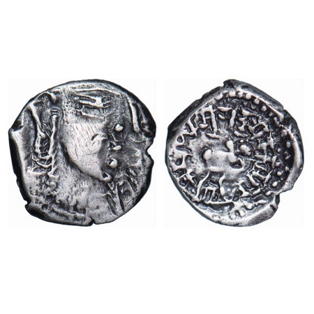 Guptas, Skandagupta, Silver Karshapana, 2.14g, 13.06x13.10mm, Bull type, Obv: Portrait to