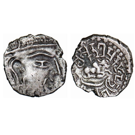 Guptas, Skandagupta, Silver Drachma, 1.60g, 11.98x11.96mm, Bull type, Obv: bust of king fa