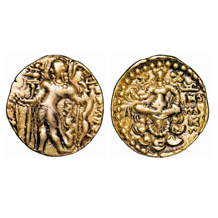 Guptas, Chandragupta IIl, Gold Dinar, 7.84g, 21.07x21.18m, c, Obv: Full figure of the musc