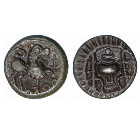 Vishnukundin Dynasty, Andhra Region, Copper Base Alloy, 7.87g, 20.42x20.35 mm, Obv: Roarin