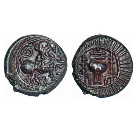 Vishnukundin Dynasty, Andhra Region, Copper Base Alloy, 7.08g,19.54x20.29mm, Obv: Roaring 