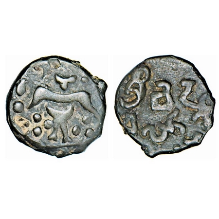 Rashtrakutas, Copper Alloy, 2.88g, 14.30x15.02mm, (8-10 Cen AD), Obv: Standing anthropomor