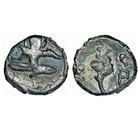 Rashtrakutas, Copper Alloy, 3.20g, 14.25x14.73mm, (8-10 Cen AD), Obv: Seated anthropomorph