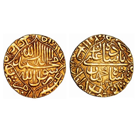 Shah Jahan I, Gold Mohur, 10.95g, Akbarabad Mint, AH 1046/ RY 9, Obv: Kalima in quatrefoil