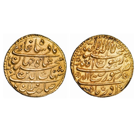 Shah Jahan I, Gold Mohur, 10.97g, Surat Mint, RY 2, Ilahi month Azar, legend in four lines