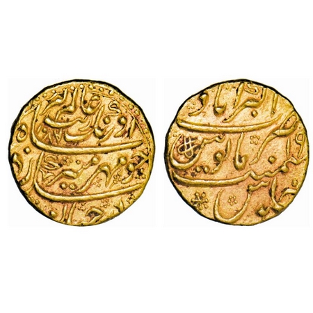 Aurangzeb, Gold Mohur, 10.92g, Akbarabad Mint on top, without mint ephithet, AH 1087/ 19 R