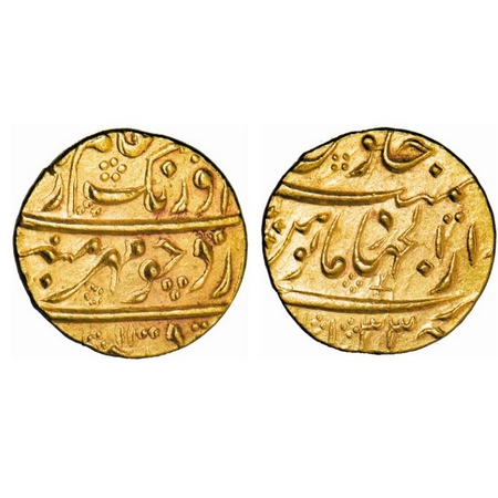 Aurangzeb, Gold Mohur, 11.02g, Dar-ul-Jihad (Hyderabad) Mint, AH 1100/33 RY, Mirh-e-munir 