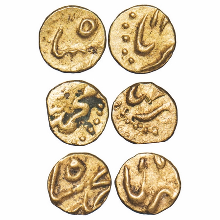 Muhammad Shah, Gold Fanam (3 coins), 0.20g, 0.19g, 0.20 g, Kharpa / Karpa Mint. KM B450.1.