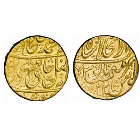 Shah Alam II, Gold Mohur, 10.79g, Dar-ul-Khilafat Shahjahanabad Mint, RY 22, an umbrella a