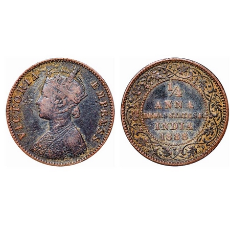 Dewas Senior, Copper 1/4 Anna, 6.11g, Narayan Rao (c. 1864-1892 AD), Crowned bust of Victo