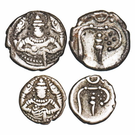 Cochin, Silver, Puttun & 2 Puttuns (2 Coins), 1.07g, 0.52g, Obv: Bust of Shiva, Facing fro