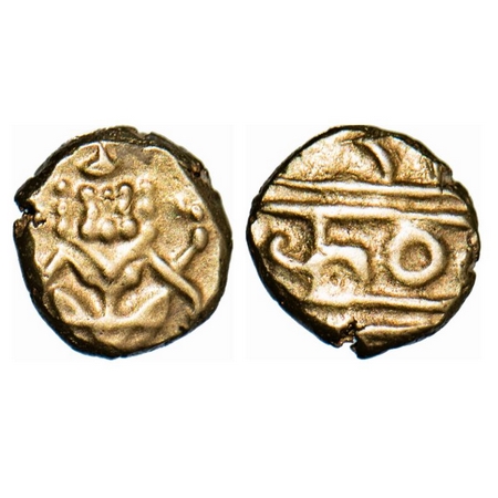Mysore, Gold Fanam, 0.36g, Anonymous Issue, in the name of Shah Alam II, Obv: Narsimha, Re
