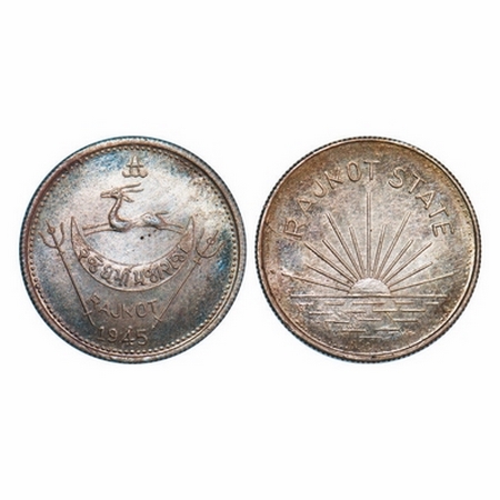 Rajkot, Silver Mohur, 5.77g, Dharmendrasinghji (1930-1948 AD), Restrike, VS 1945, Obv: Coa