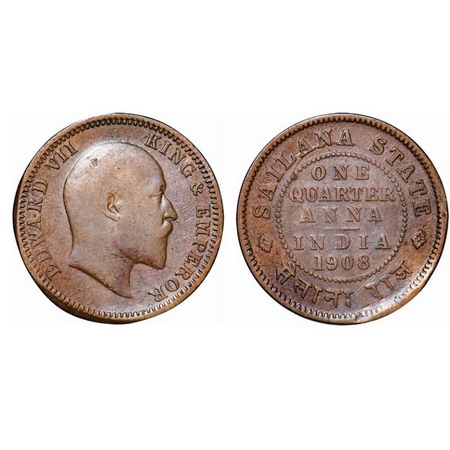 Sailana, Copper 1/4 Anna, 4.61g, Jaswant Singh (1890-1919 AD), 1908 AD, bust of Edward VII