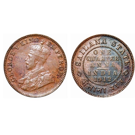 Sailana, Copper ¼ Anna, 5.02g, Jaswant Singh (1890-1919 AD), 1912 AD, bust of George V on 