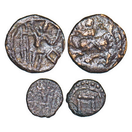 Travancore, Bronze Cash (2 Coins), 0.33g & 0.86g, Ananthsayanam issues, (1) Obv: Padmanabh
