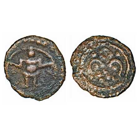 Travancore, Copper Thirai Cash, 1.03g, Obv: Diety in standing position, Rev: symbol. BS 33
