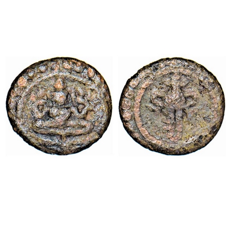 Travancore, Copper Cash, 0.52g, Obv: Diety seated position, Rev: Conch. KM 15. Fine+, Very