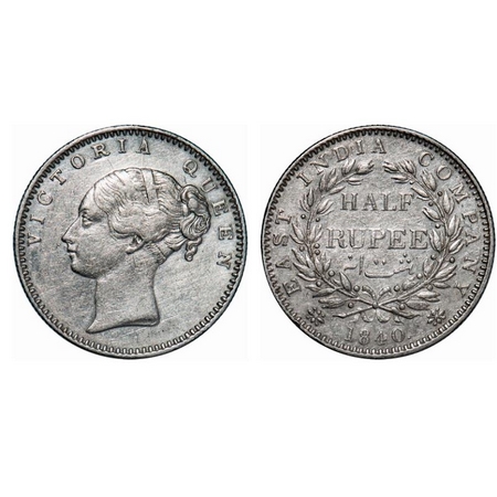 Victoria Queen, Silver, Half Rupee, 1840, CL, Bombay Mint, A/I, English Head, Wreath with 
