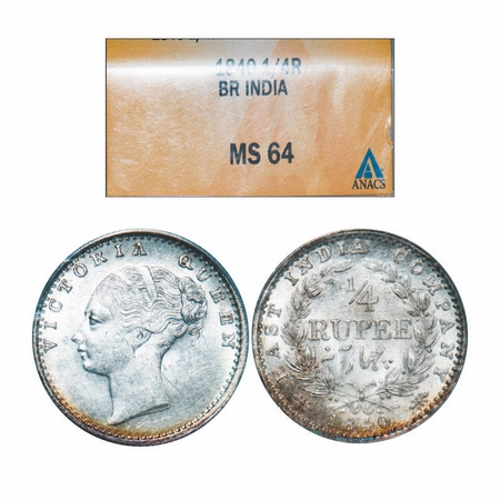 Victoria Queen, Silver, 1/4 Rupee, 1840, CL, Calcutta Mint, C/II, Wreath with 34 Berries (