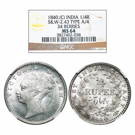 Victoria Queen, Silver, 1/4 Rupee, 1840, CL, Calcutta Mint, C/II, Indian Head, Wreath with