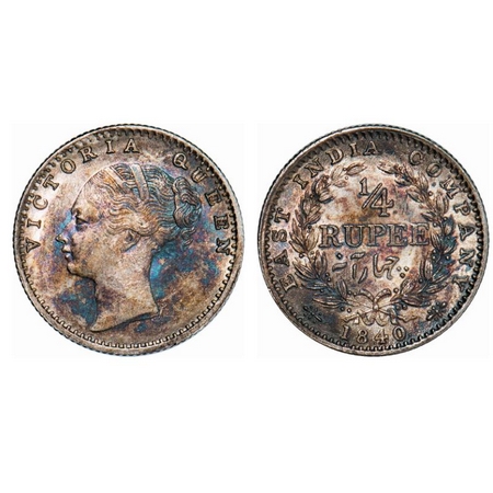 Victoria Queen, Silver, 1/4 Rupee, 1840, CL, Calcutta Mint, C/II, Indian Head, Curl of 2 h