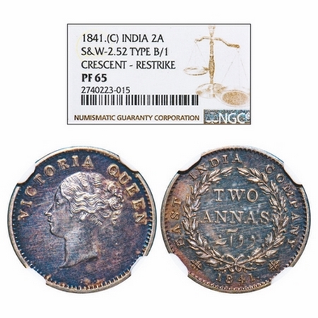 Victoria Queen, Silver, 2 Annas, 1841, CL, Calcutta Mint, B/I, Crescent, Re-Strike Proof. 