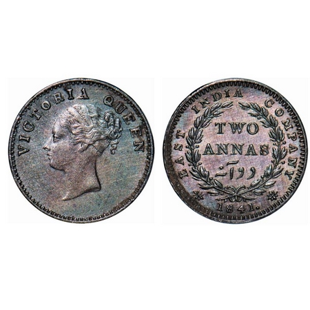 Victoria Queen, Silver, 2 Annas, 1841, CL, Calcutta Mint, A/I, Plain edge, No curl of hair