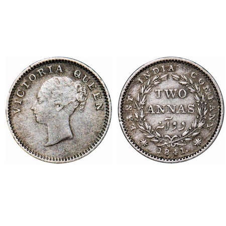 Victoria Queen, Silver, 2 Annas, 1841, CL, Madras Mint, A(a)/I, 'S' incused, Plain edge, C
