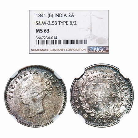Victoria Queen, Silver, 2 Annas, 1841, CL, Bombay Mint, Plain edge, A(a)/I, Curl of hairs 