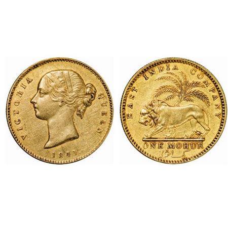 Victoria Queen, Gold, Mohur, 1841, 11.62gm, Calcutta Mint, DL, Obv: Head to left with W.W.