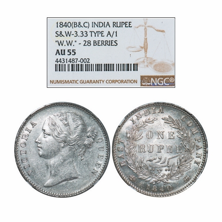 Victoria Queen, Silver, Rupee, 1840, DL, Calcutta Mint, W.W. raised, Wreath with 28 Berrie