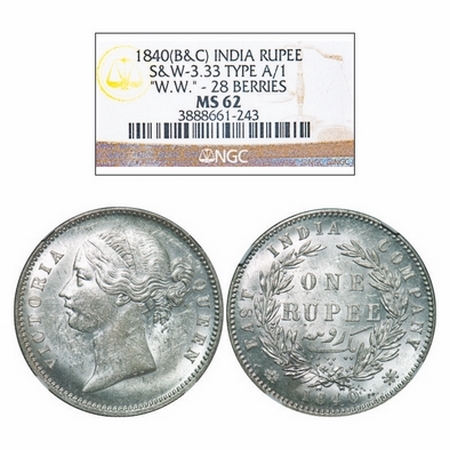 Victoria Queen, Silver, Rupee, 1840, DL, Calcutta Mint, W.W. raised, Wreath with 28 Berrie