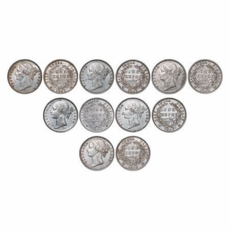 Victoria Queen, Silver, Rupee, 1840, (Lot of 6 coins), DL, 1) Bombay Mint, 30.75mm, W.W. r