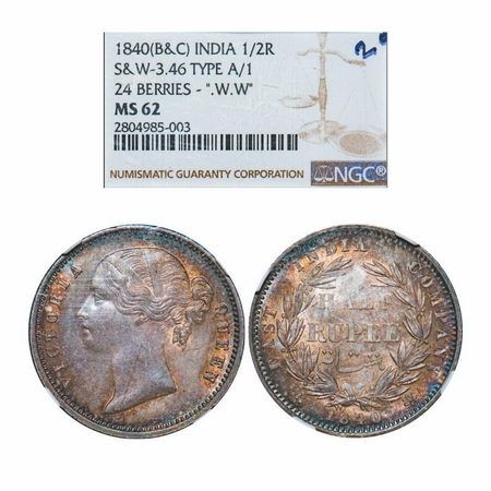 Victoria Queen, Silver, Half Rupee, 1840, DL, Calcutta Mint, .W.W incused, Wreath with 24 