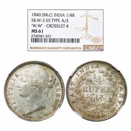 Victoria Queen, Silver, 1/4 Rupee, 1840, DL, Calcutta Mint, W.W. raised, Wreath with 34 Be
