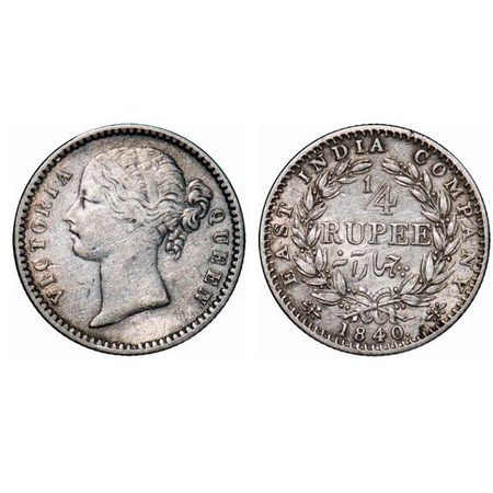 Victoria Queen, Silver, 1/4 Rupee, 1840, DL, Calcutta Mint, W.W. raised, Wreath with 34 Be