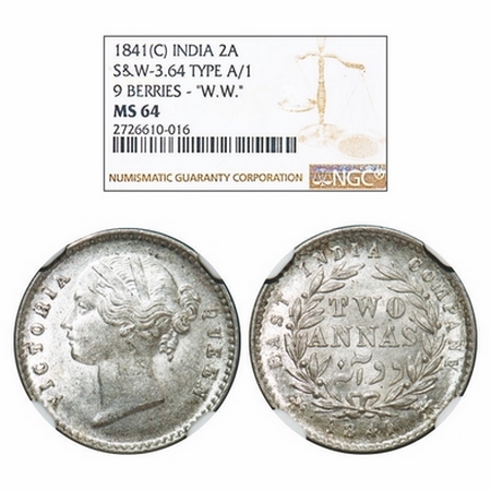Victoria Queen, Silver, 2 Annas, 1841, DL, Calcutta Mint, W.W. raised, Wreath with 9 Berri