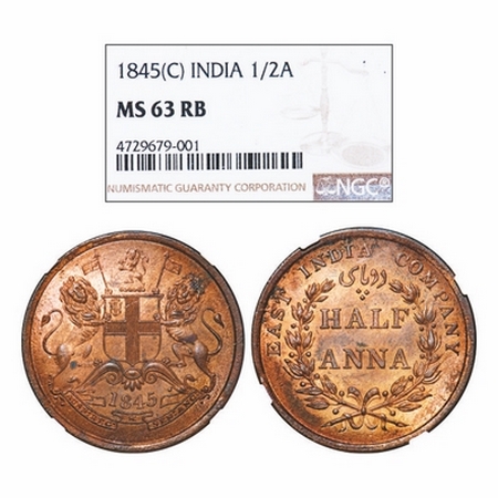Victoria Queen, Copper, Half Anna, 1845, Calcutta Mint, Obv B, Cross bar of numeral 4 of y
