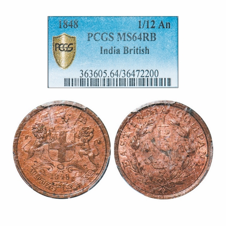 Victoria Queen, Copper, 1/12 Anna, 1848, Calcutta Mint, Wreath with 23 Berries (13L + 10R)
