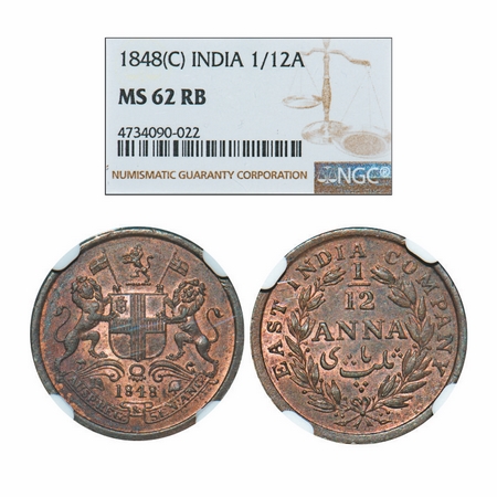 Victoria Queen, Copper, 1/12 Anna, 1848, Calcutta Mint, Wreath with 23 Berries (13L + 10R)