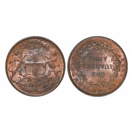 Victoria Queen, Copper, Quarter Anna, 1858, J.Watt & Co. Birmingham Mint, Single leaf, Yea